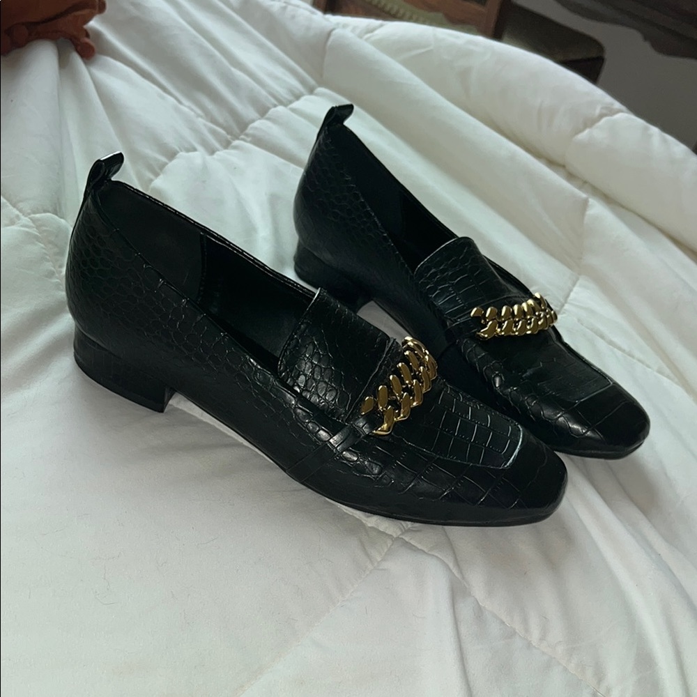 Black Loafers with Gold Chain Accent